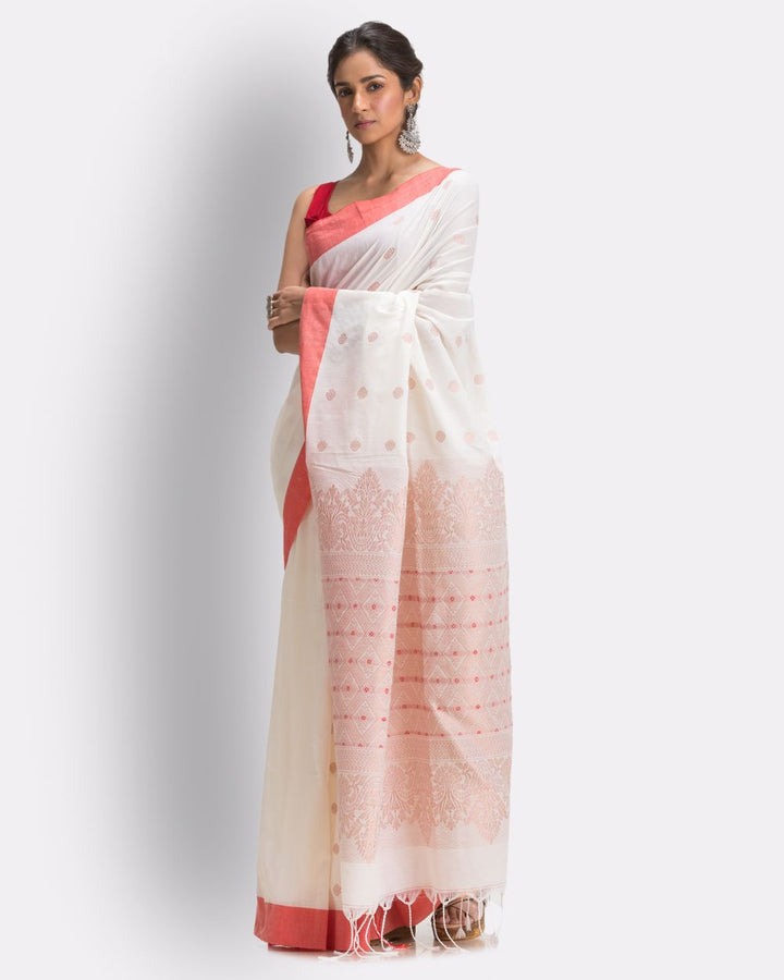 White red handwoven cotton bengal saree
