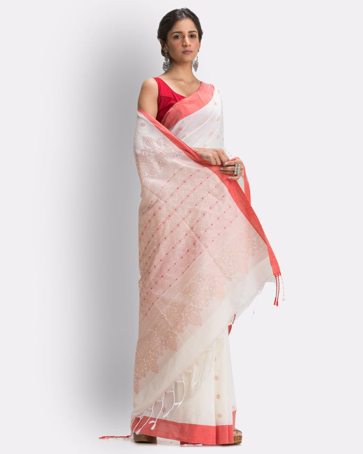 White red handwoven cotton bengal saree
