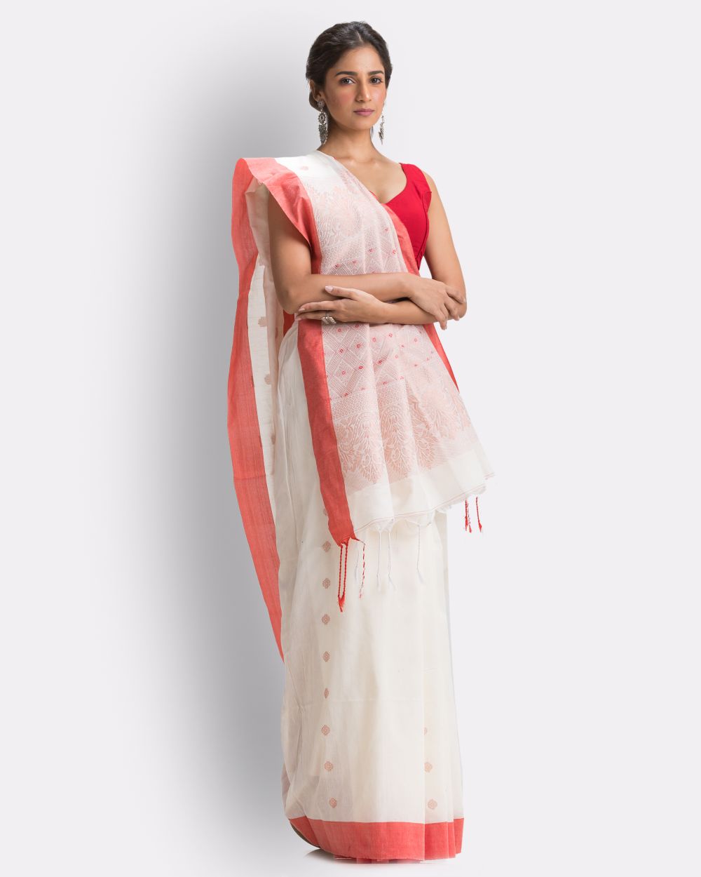 White red handwoven cotton bengal saree