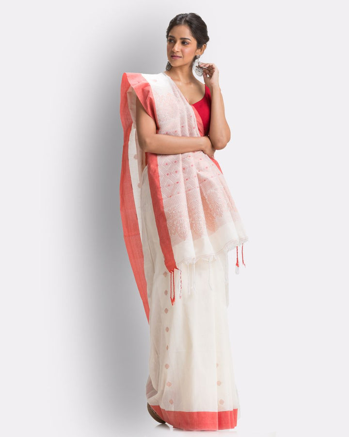 White red handwoven cotton bengal saree