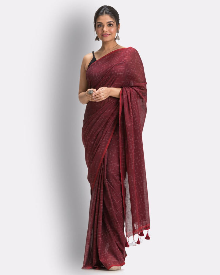 Maroon handwoven mul cotton bengal saree