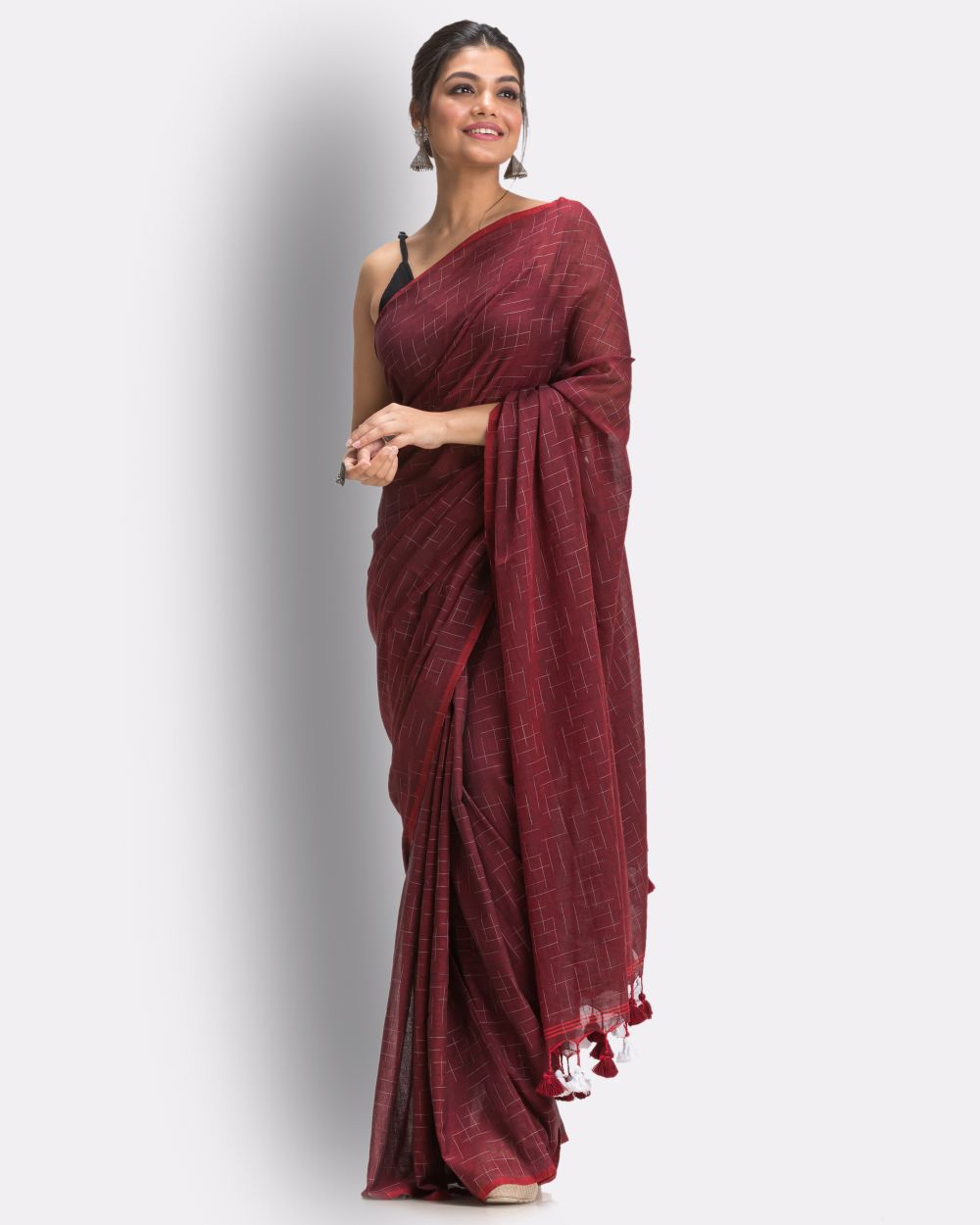 Maroon handwoven mul cotton bengal saree