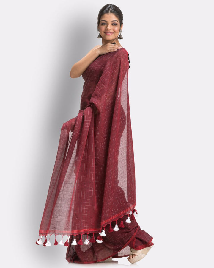 Maroon handwoven mul cotton bengal saree