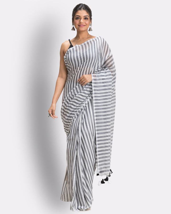 Grey off white striped handwoven cotton bengal saree