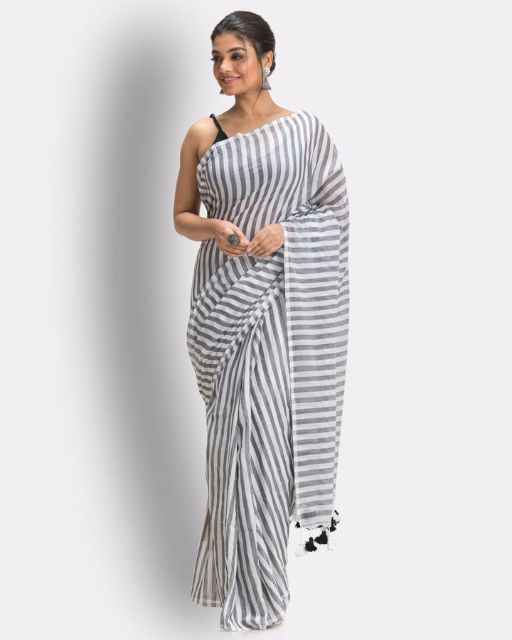 Grey off white striped handwoven cotton bengal saree