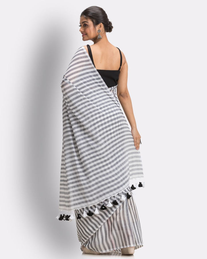 Grey off white striped handwoven cotton bengal saree