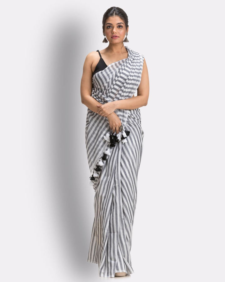 Grey off white striped handwoven cotton bengal saree