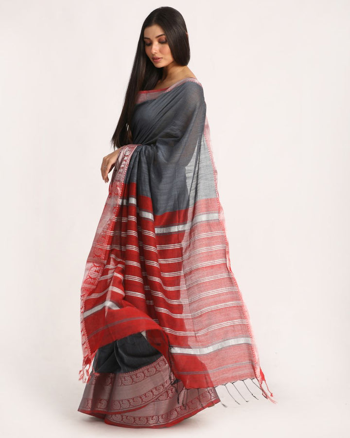 deep grey and Red handwoven cotton bengal saree
