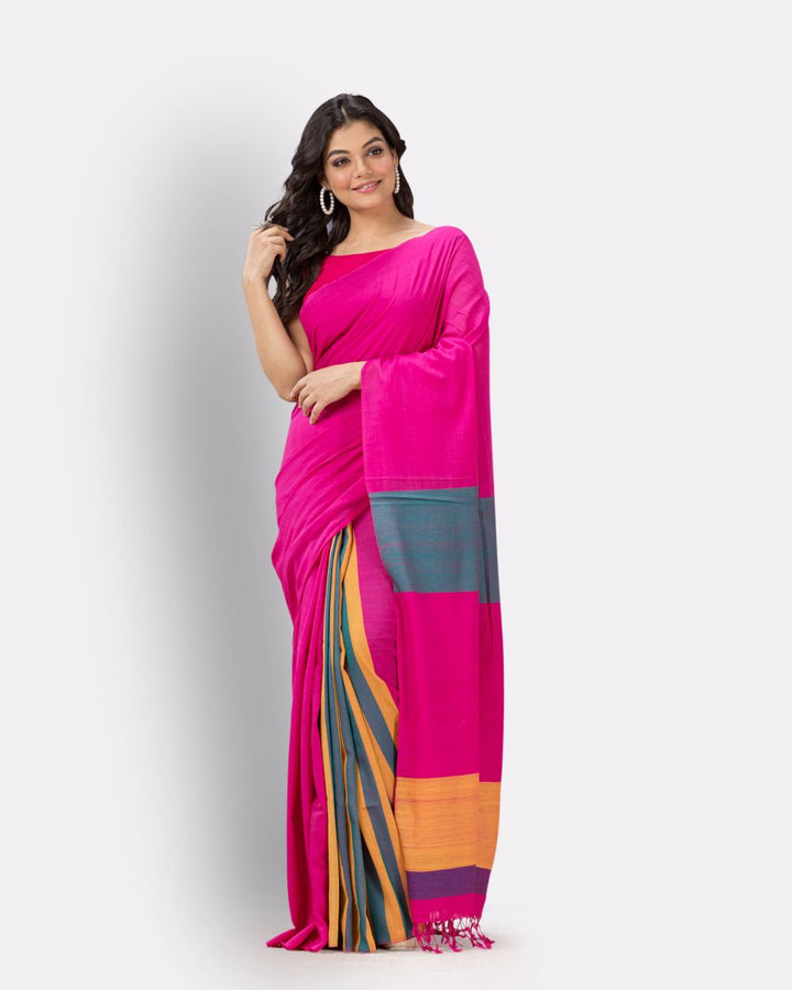 Pantone pink handwoven textured cotton bengal saree