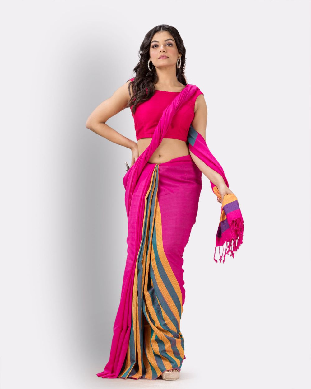 Pantone pink handwoven textured cotton bengal saree