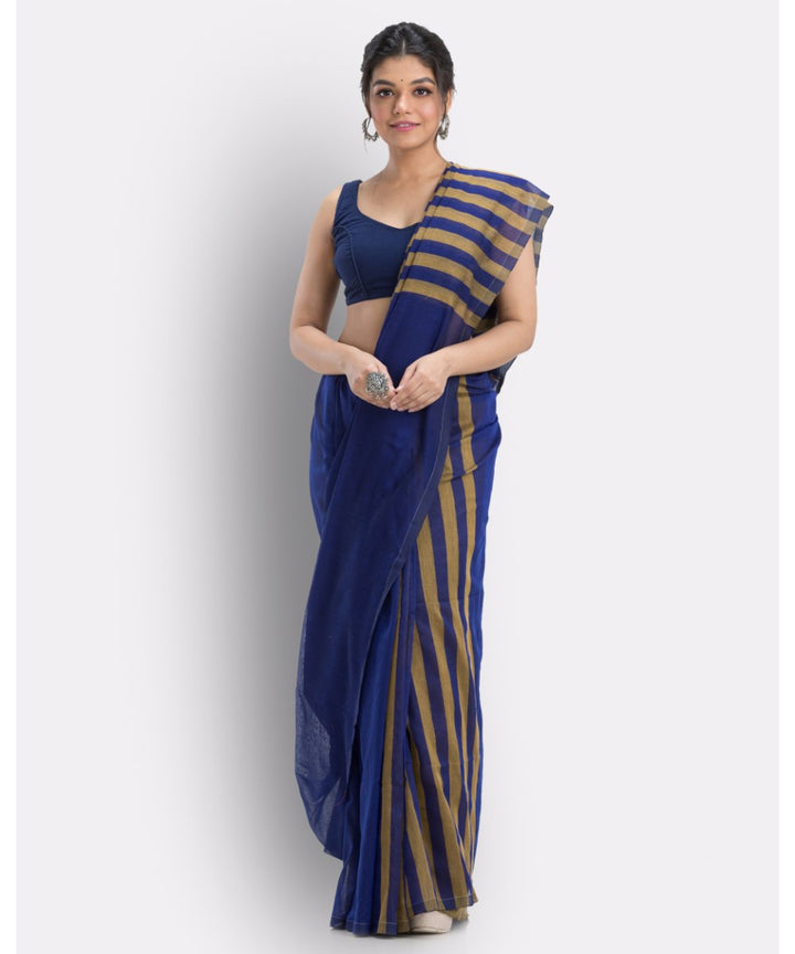 Dark blue and brown handwoven soft handspun cotton saree