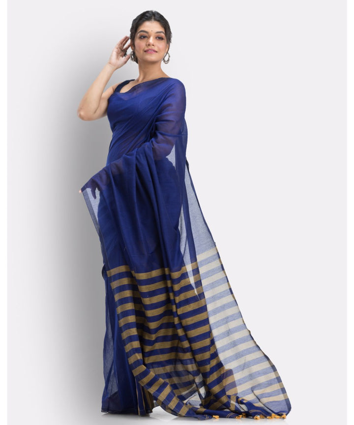 Dark blue and brown handwoven soft handspun cotton saree