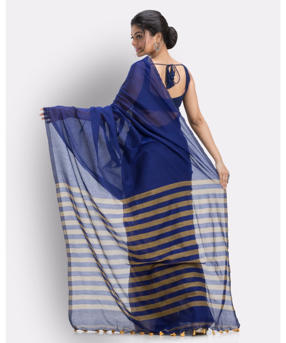 Dark blue and brown handwoven soft handspun cotton saree