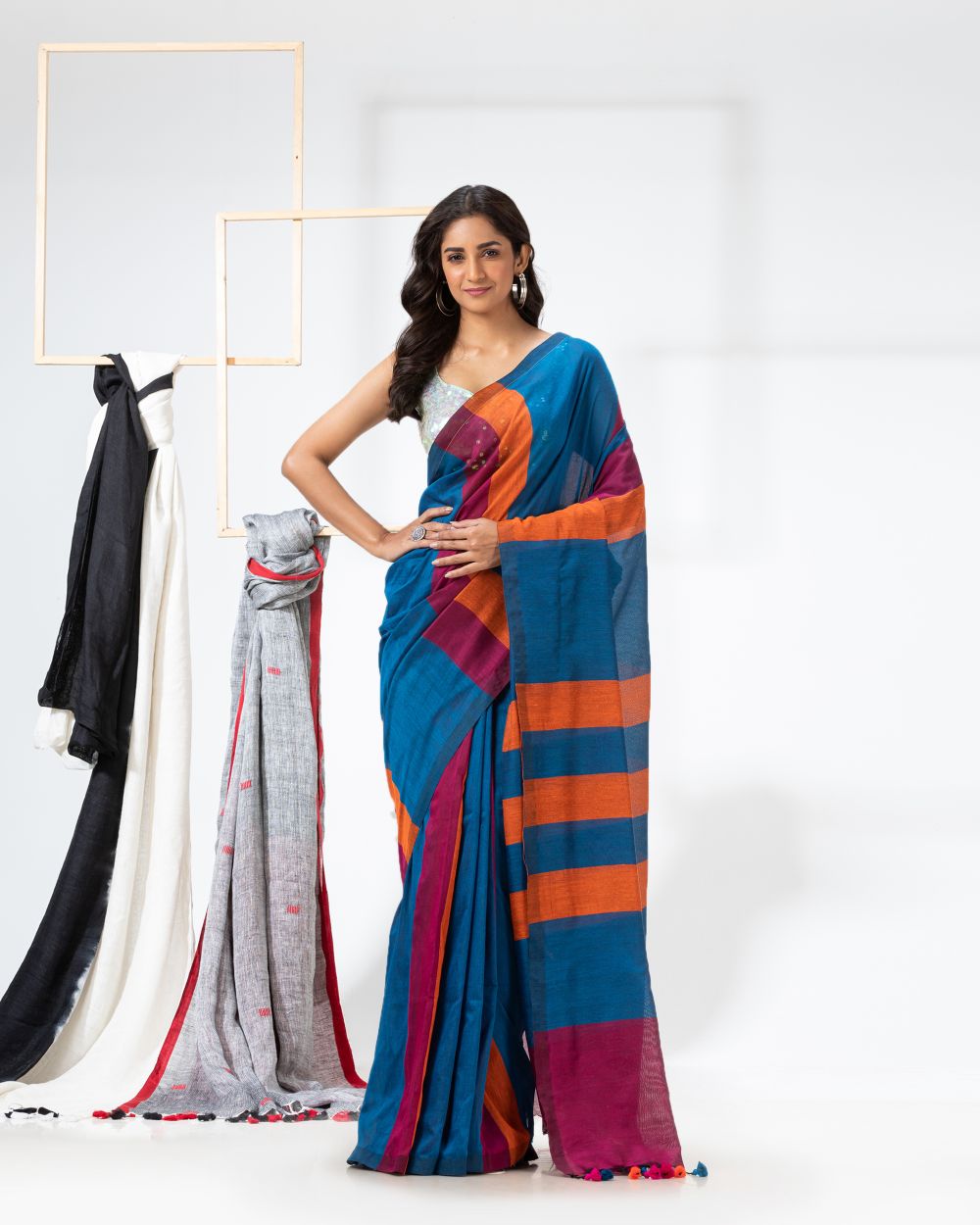 Navy blue stripes handspun handwoven cotton bengal saree