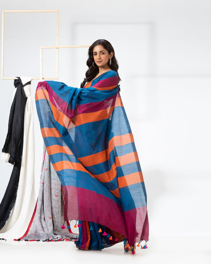 Navy blue stripes handspun handwoven cotton bengal saree