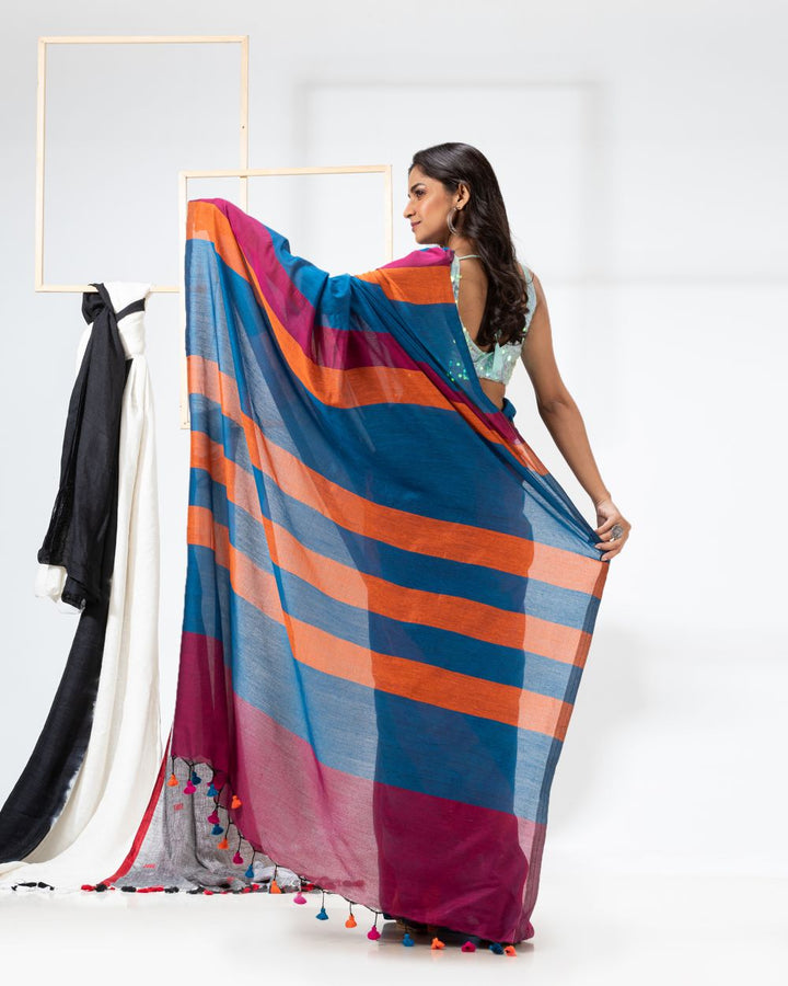 Navy blue stripes handspun handwoven cotton bengal saree