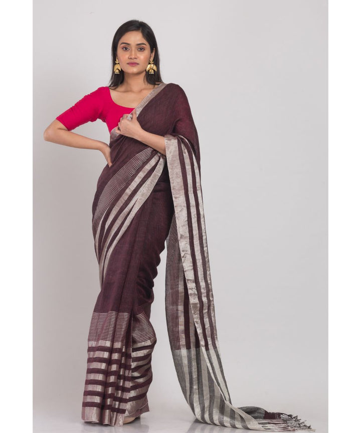 Brown silver handwoven bengal linen saree