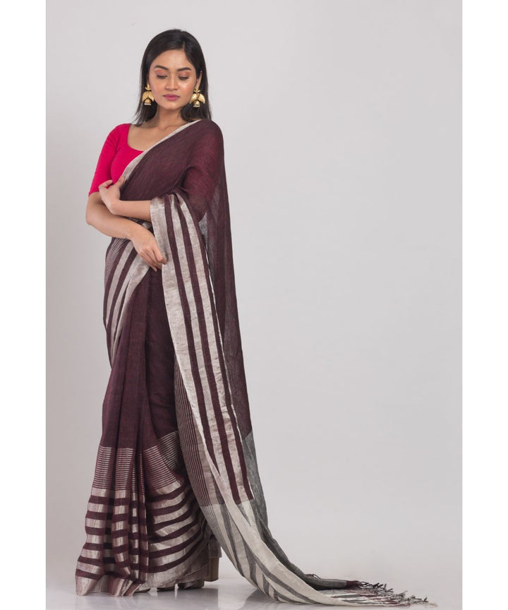 Brown silver handwoven bengal linen saree