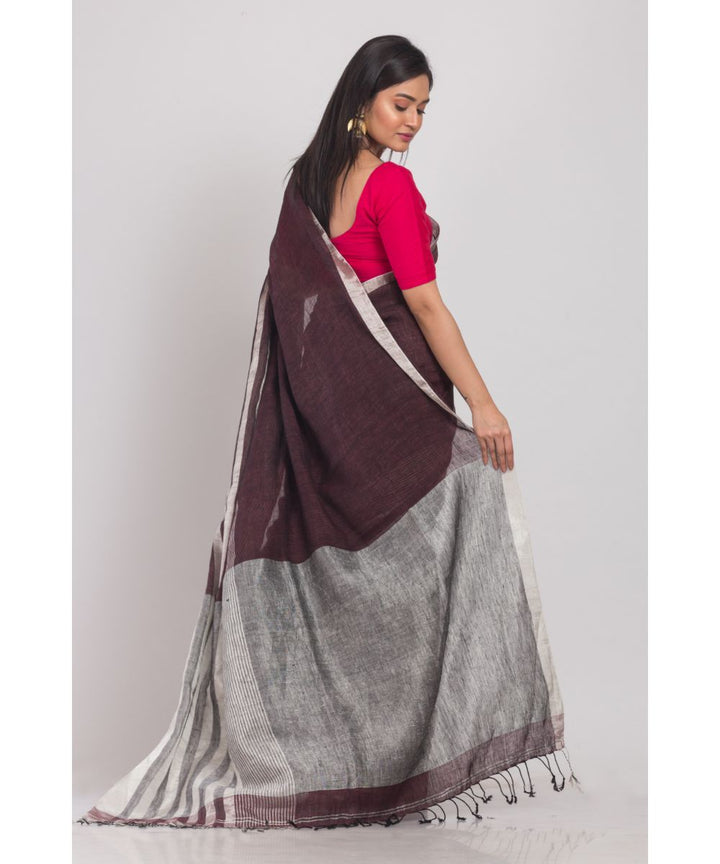 Brown silver handwoven bengal linen saree