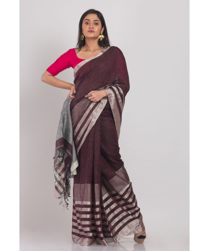 Brown silver handwoven bengal linen saree