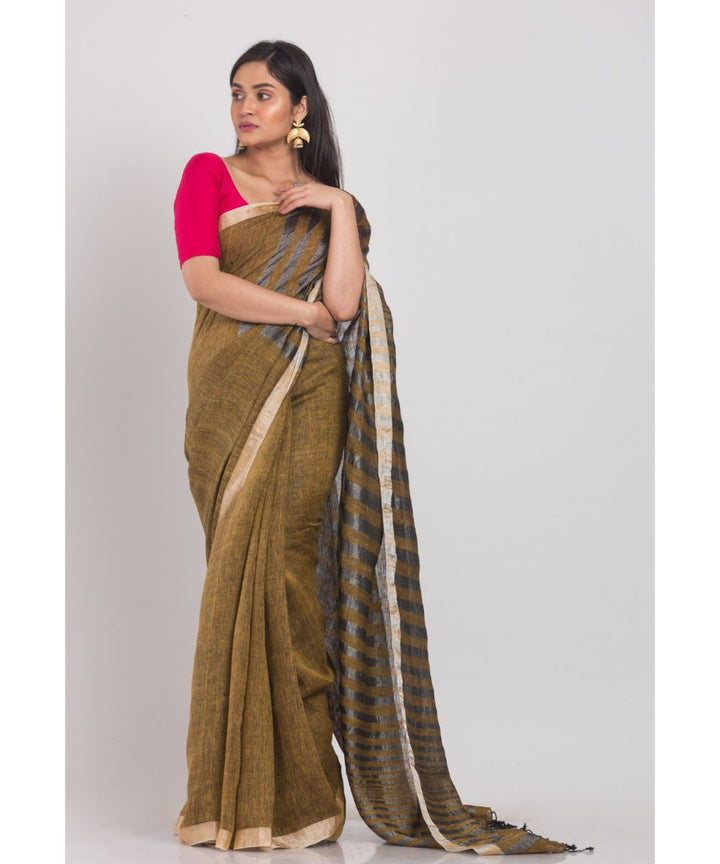 Brown green handwoven bengal linen saree