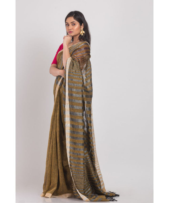 Brown green handwoven bengal linen saree