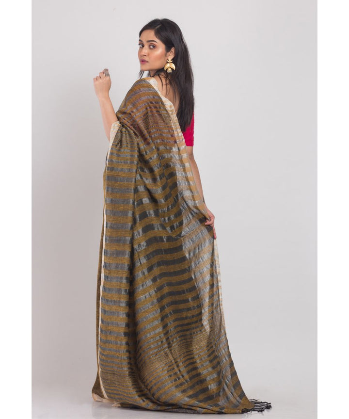 Brown green handwoven bengal linen saree
