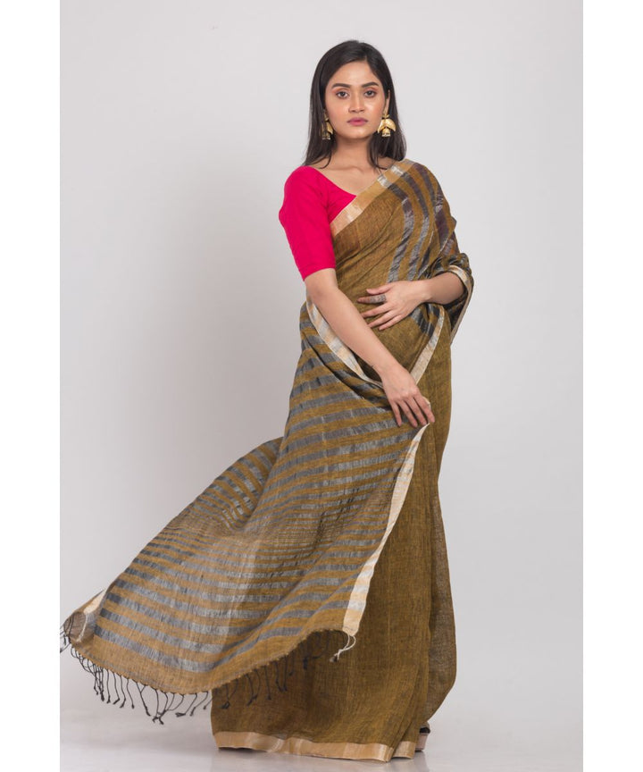 Brown green handwoven bengal linen saree