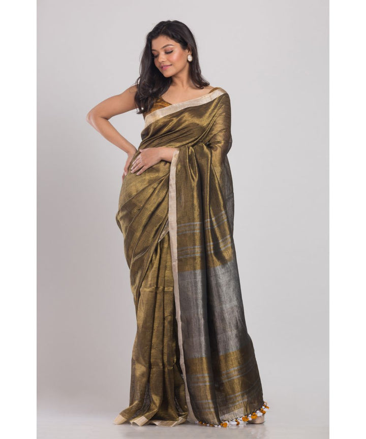 Golden handwoven bengal linen saree
