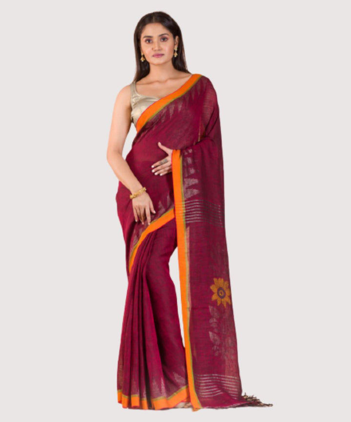Maroon handwoven bengal linen jamdani saree