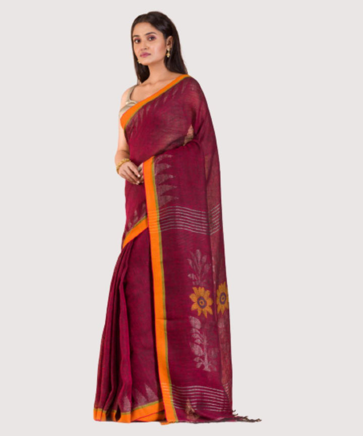 Maroon handwoven bengal linen jamdani saree