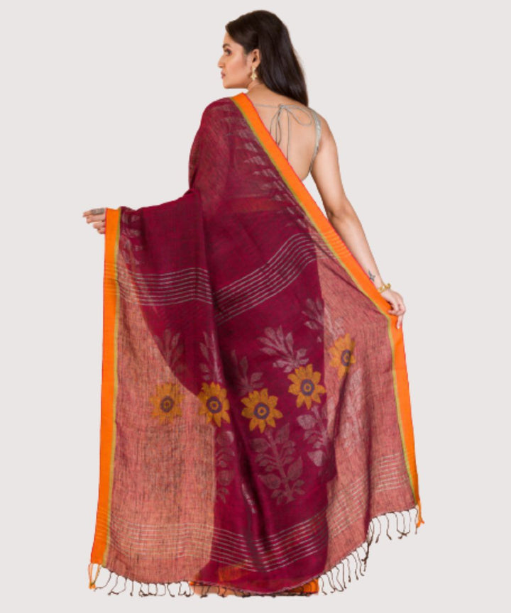 Maroon handwoven bengal linen jamdani saree