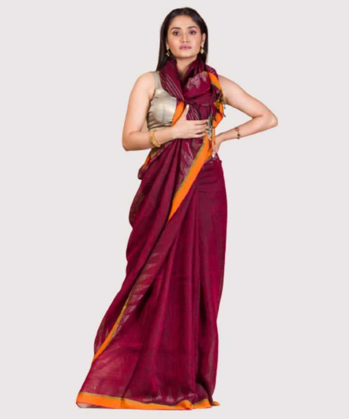 Maroon handwoven bengal linen jamdani saree