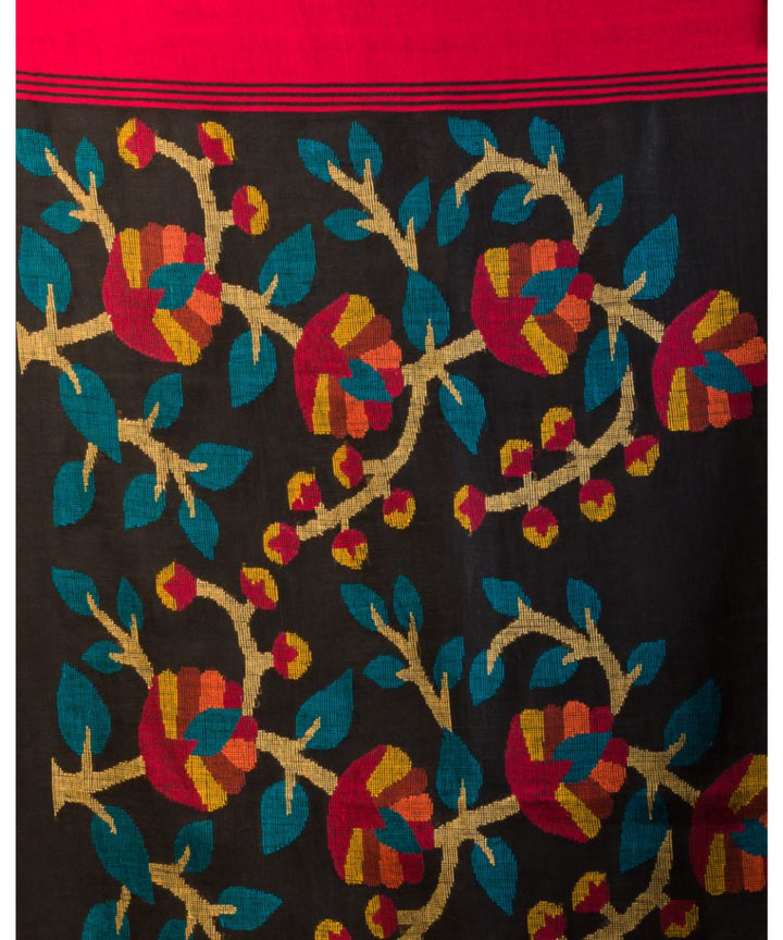 Black red hand woven bengal linen jamdani saree