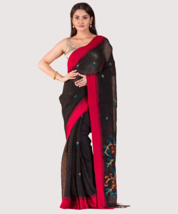Black red hand woven bengal linen jamdani saree