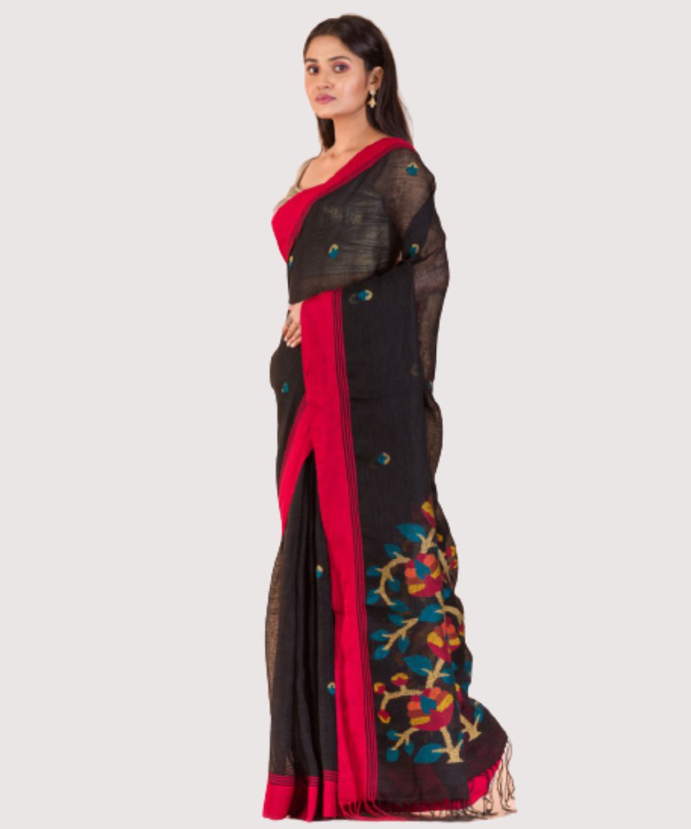 Black red hand woven bengal linen jamdani saree
