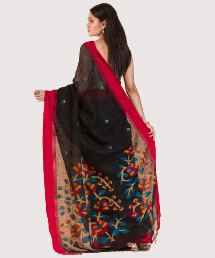 Black red hand woven bengal linen jamdani saree