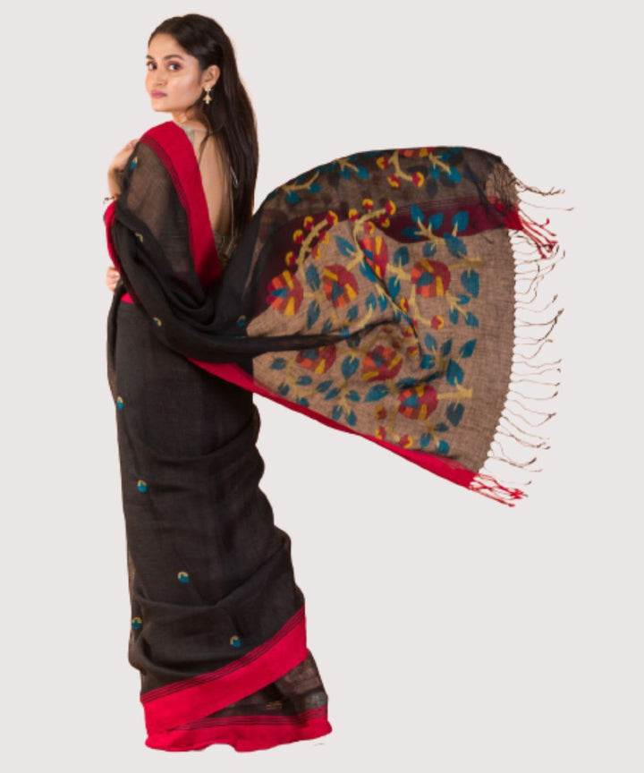 Black red hand woven bengal linen jamdani saree