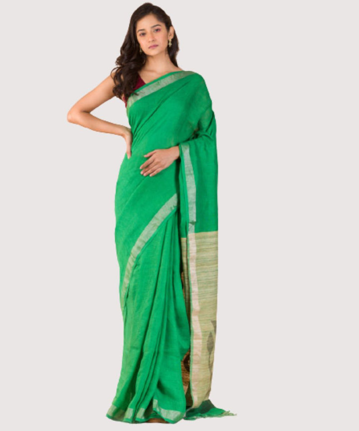 Dark green beige handwoven bengal linen jamdani saree