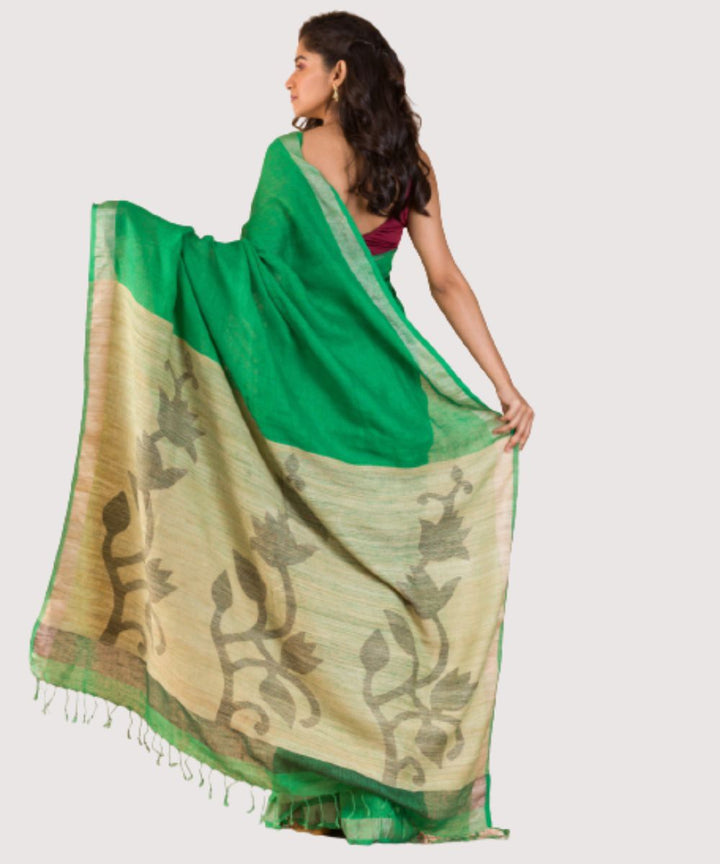 Dark green beige handwoven bengal linen jamdani saree