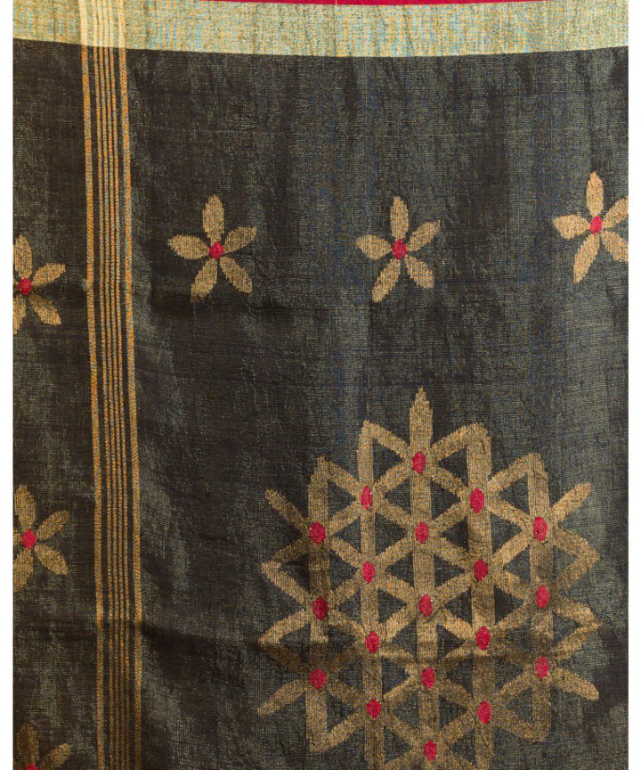 Grey red handwoven bengal linen saree