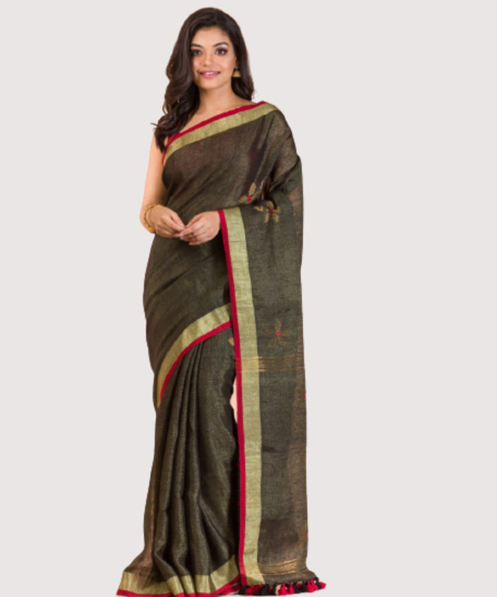 Grey red handwoven bengal linen saree