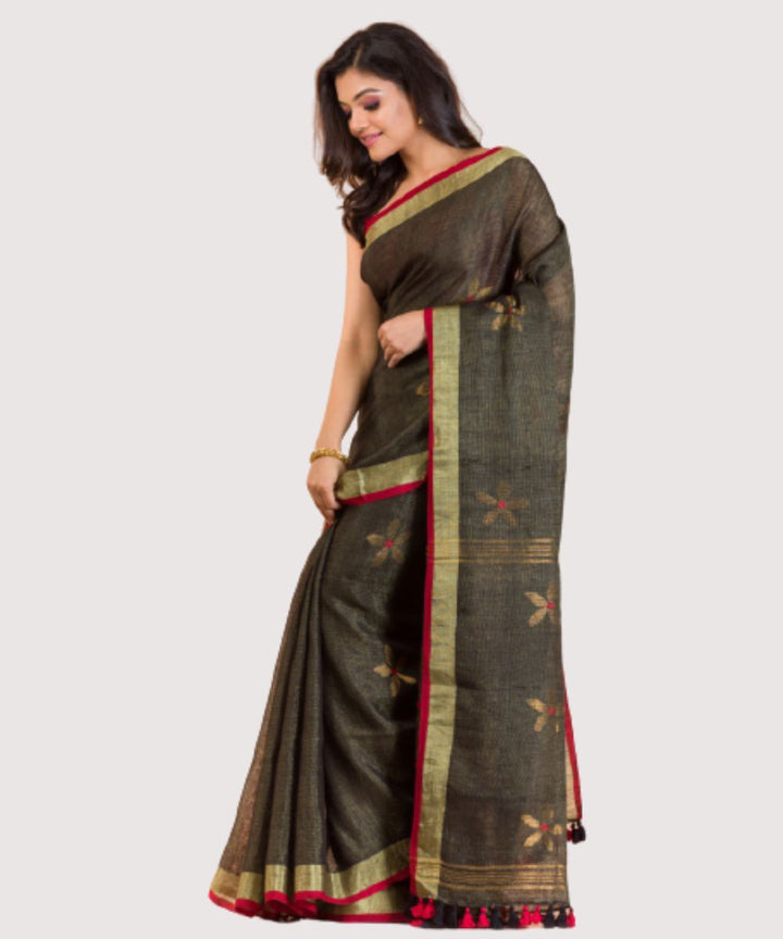 Grey red handwoven bengal linen saree