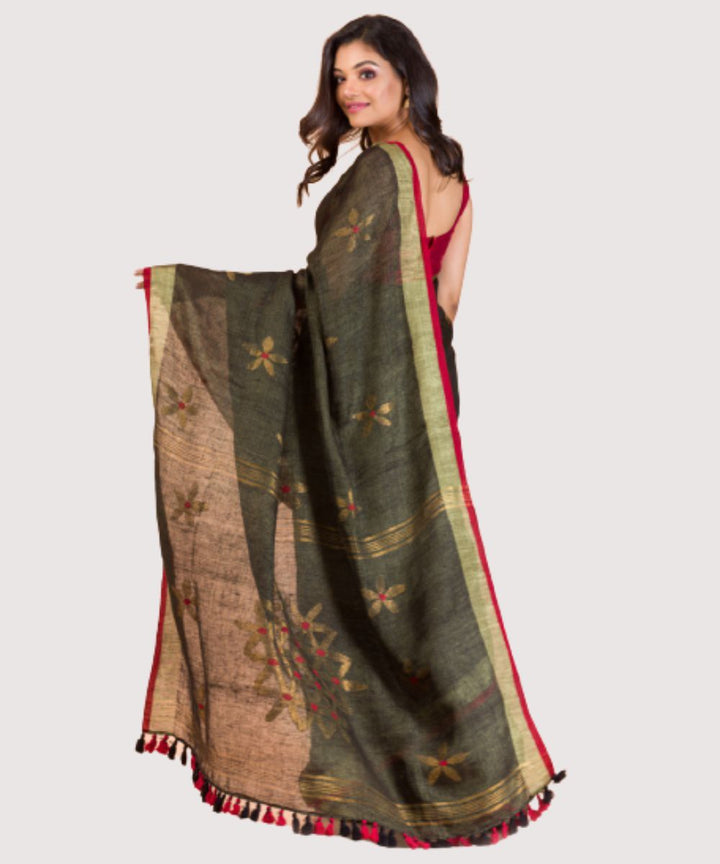 Grey red handwoven bengal linen saree