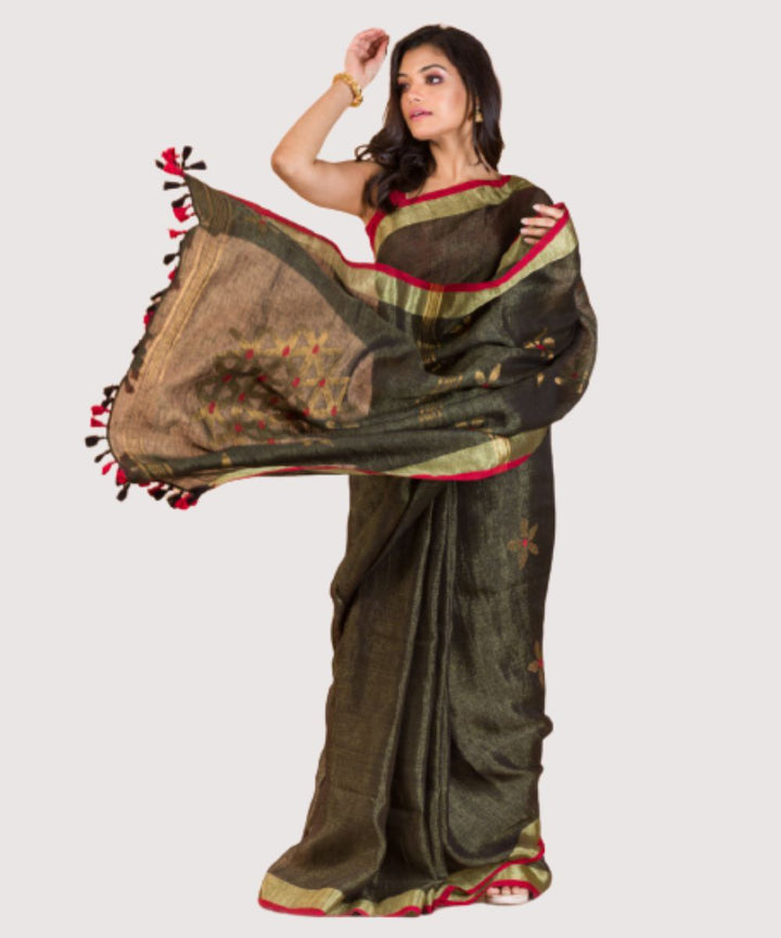 Grey red handwoven bengal linen saree