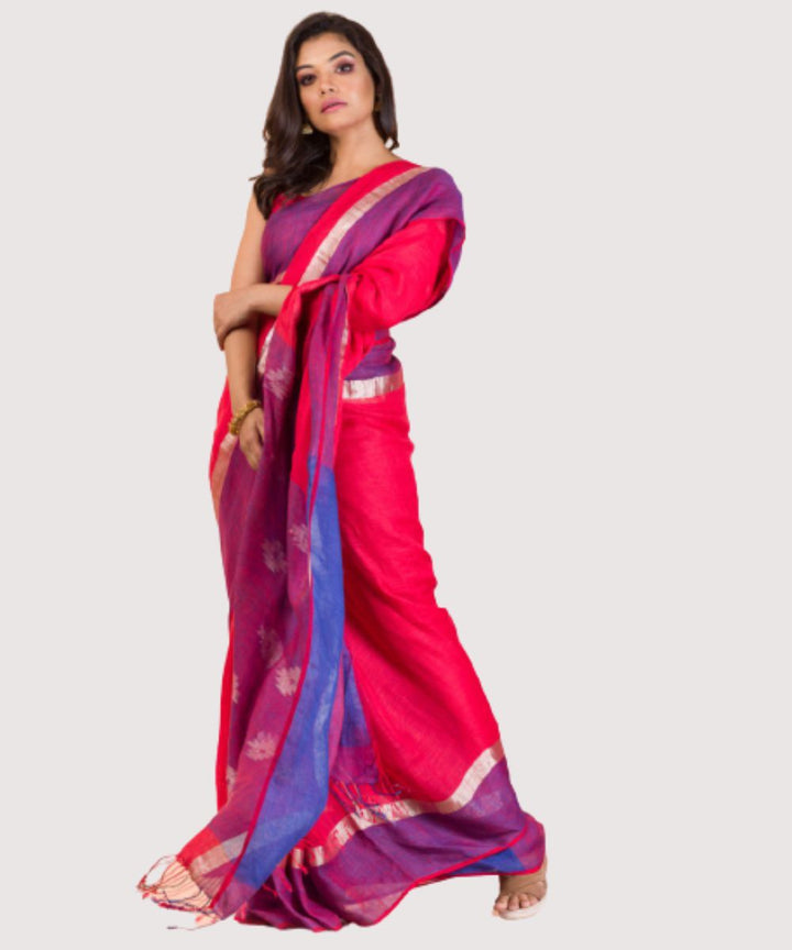 Red handwoven bengal linen jamdani saree