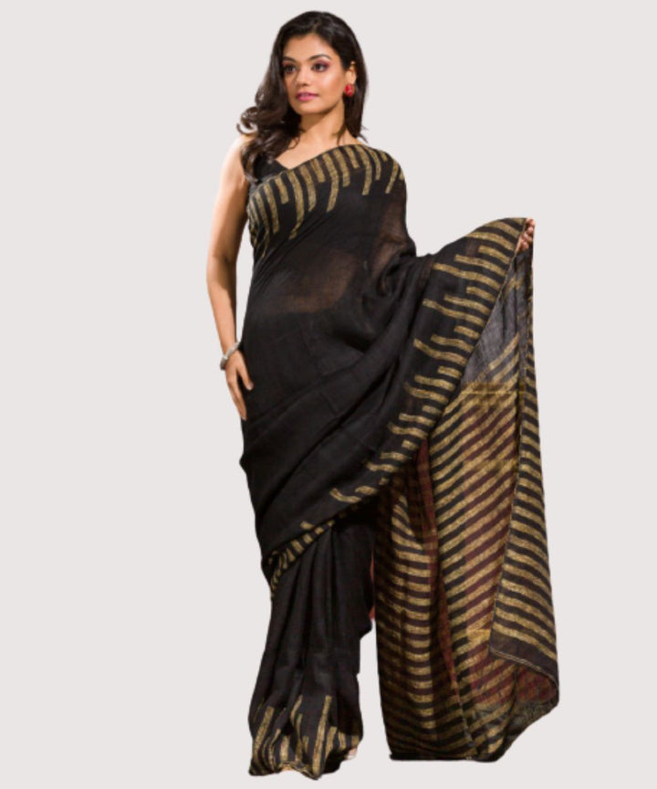 Black beige handwoven bengal linen jamdani saree