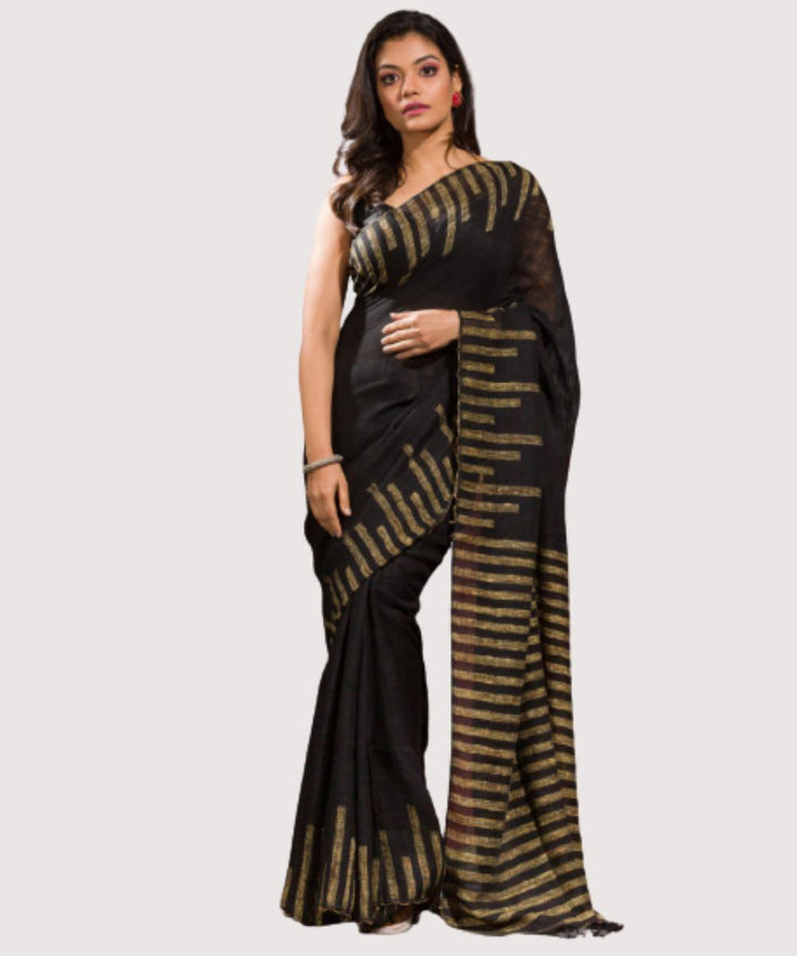 Black beige handwoven bengal linen jamdani saree