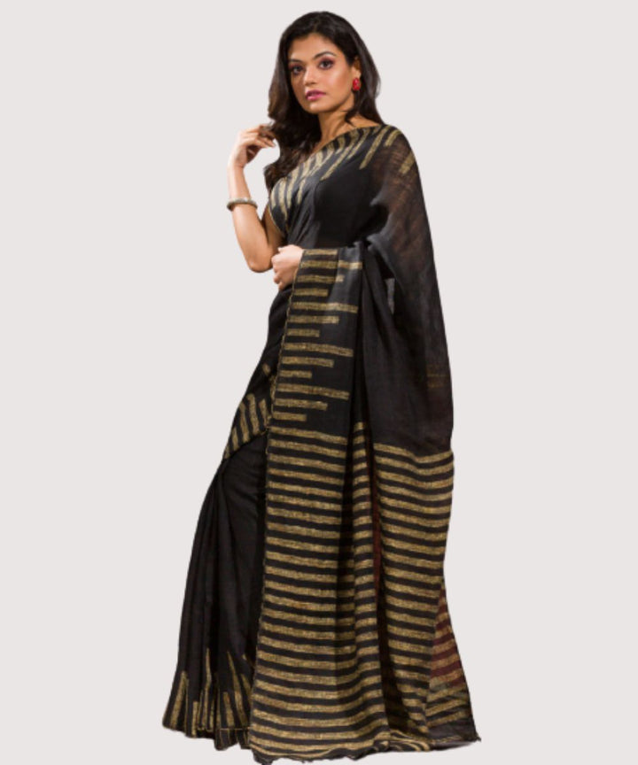 Black beige handwoven bengal linen jamdani saree
