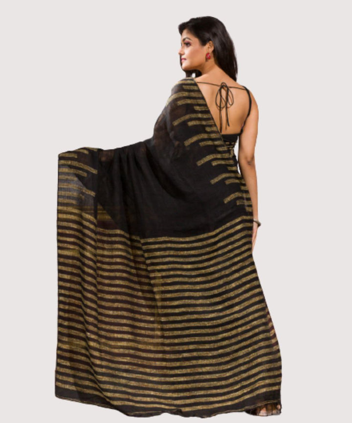 Black beige handwoven bengal linen jamdani saree